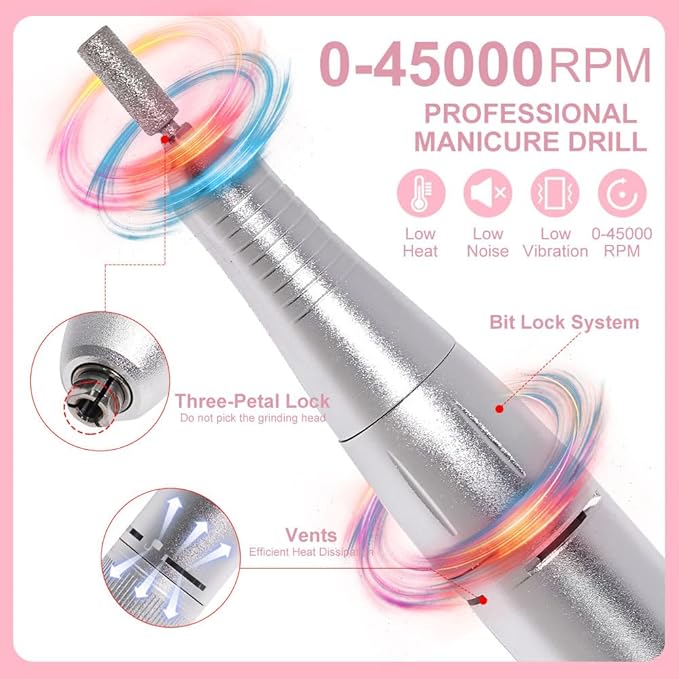 ANRLO Professional Electric Nail Drill, 45000 RPM Cordless Rechargeable E-File Machine, with 12 Bits, Sanding Bands, LCD Display for Acrylic Gel Nails (DMJ-V6-PINK-USB)