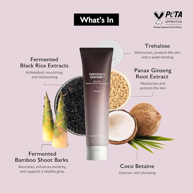 HARUHARU wonder Black Rice Moisture 5.5 Soft Cleansing Gel, Gentle Daily Cleanser, Low 5.5pH, Moisture Balance, Soap Free, For Sensitive Skin, Holiday Stocking Stuffer, Vegan, Cruelty-Free, 3.4 fl.oz