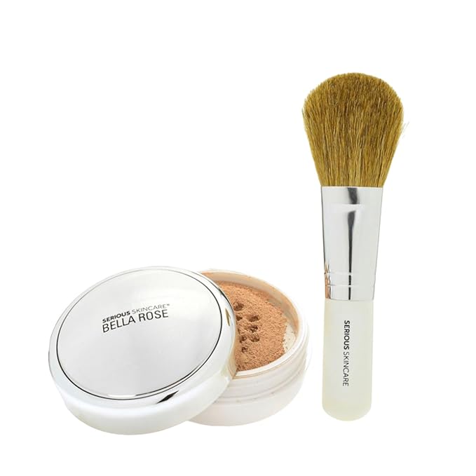 Serious Skincare BELLA ROSE Loose Mineral Powder Makeup Foundation + Brush - SPF 15 - Talc Free - Lightweight - Buildable Light to Medium Coverage - Luminous Matte Finish - 0.50 oz  - Medium