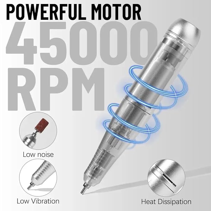 ANRLO Professional Electric Nail Drill, 45000 RPM Cordless Rechargeable E-File Machine, with 12 Bits, Sanding Bands, LCD Display for Acrylic Gel Nails (DMJ-V1-White)