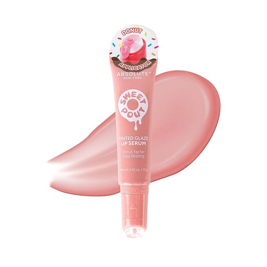 Absolute New York Sweet Pout Tinted Glaze Lip Serum, Donut Tip Applicator, Hydrating Formula with Peptides, Vitamin E and Jojoba Seed Oil (Peaches N' Cream)