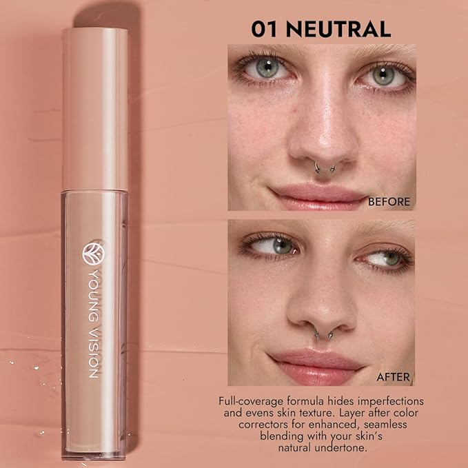 YOUNG VISION Light Brown Color Correcting Concealer Corrector, Long Lasting Brightening Full Coverage Weightless All-Day Liquid Concealer, Natural Coverage, Ideal for Fair to Light Skin