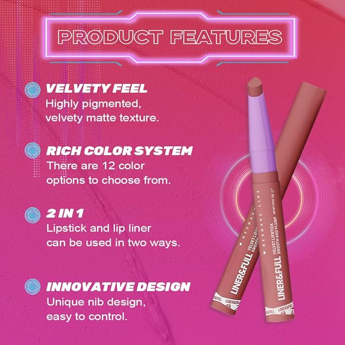 2-IN-1 Lipstick Lipliner, Velvet Matte Finish, Smooth & Plump, 12 Universal Lip Color-Nude Pink Rose Mauve Berry Plum, Creamy Formula for Lip Makeup, All-Day Wear, Cruelty-Free (#01 PEONY CRUSH)