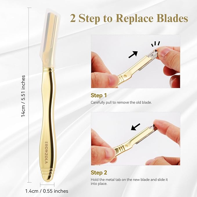 EROWZOLA Eyebrow Razor for Women and Men, Face Razors for Women, Dermaplane Razor with Protective Silicone Cover, Reusable Metal Handle with 6 Refill Blades, Skin Care Tool, Gold
