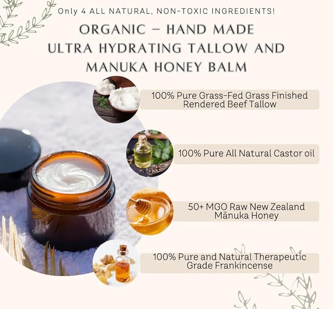 Balm Haven - 100% Grass Fed Tallow and Manuka Honey Balm - Natural Moisturizer for Face, Body & Hands - Deep Hydration & Smooth Texture - Handmade in Small Batches | 1 oz