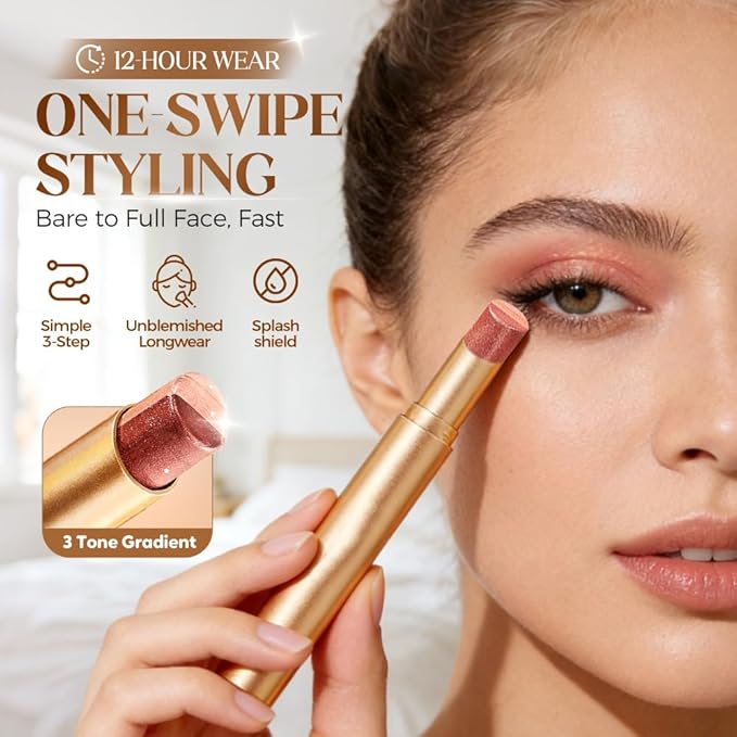 3-in-1 Easy Eyeshadow Stick, All-in-One Eyeshadow for Highlight, Transition & Contour, Quick Blendable Makeup Stick for Beginners, Portable Eyeshadows for Daily Use (Rose)