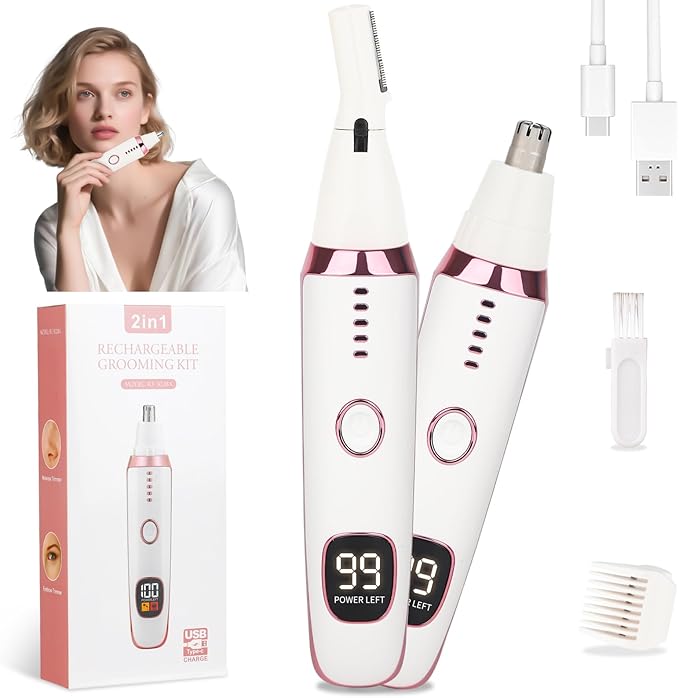 Mendaping Nose and Ear Hair Trimmer for Women Men,2 in 1 LED Display Eyebrow Hair Trimmer with USB Rechargeable,2025 Portble Waterproof Facial Hair Removal with Dual-Edge Blades for Travel (Pink)
