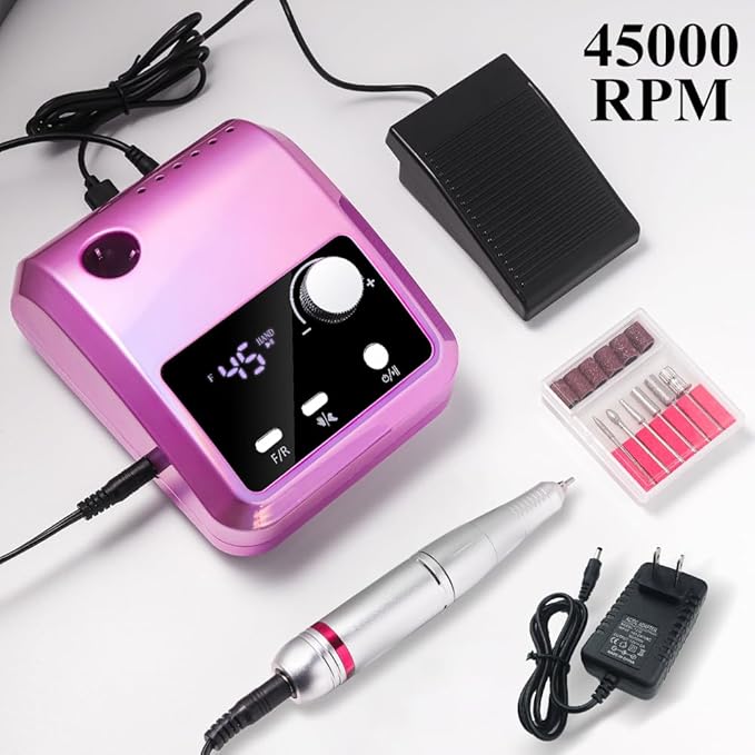ANRLO Professional Electric Nail Drill, 45000 RPM Cordless Rechargeable E-File Machine, with 12 Bits, Sanding Bands, LCD Display for Acrylic Gel Nails (DMJ-204-Purple-US)