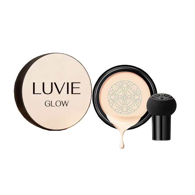 2026 Luvie Glow Foundation Cushion, Mushroom Head Air Cushion CC Cream,Long Lasting Matte Concealer for All Skin Types (IVORY)