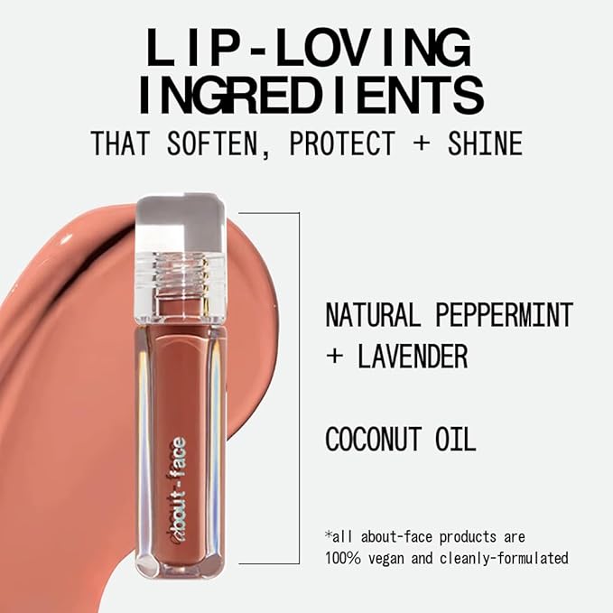 about-face Light Lock Lip Gloss Plastic Petal – Non-Sticky, High-Shine Lip Oil Gloss with Coconut Oil, Peppermint & Lavender – Vegan, Cruelty-Free, Clean Beauty – 0.21 oz (Peachy Beige)