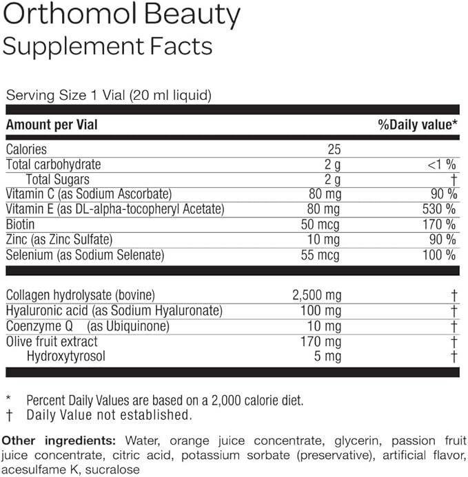 Orthomol Beauty Vial - Liquid Women's Beauty Supplement with Collagen Hydrolysate, Hyaluronic Acid, and Coenzyme Q10 for Hair, Skin, and Nail Health