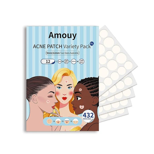 Amouy Acne Pimple Patch- 2 Sizes 432 Dots Thin & Thick Hydrocolloid Patches for Face with Witch Hazel, Tea Tree & Calendula Oil, Extra Adhesion Pimple Patches for Face Zit Patch Acne Dots