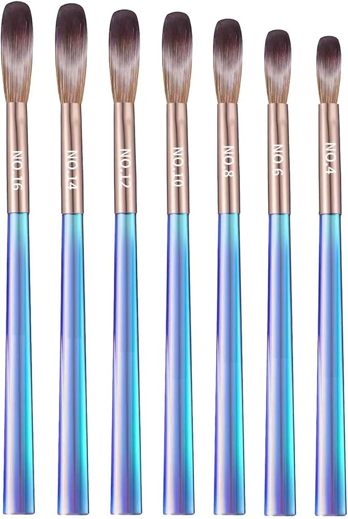 7Pcs Acrylic Nail Art Brush Set -Size 4/6/8/10/12/14/16,Gradient Blue Handle Nail Brushes for Acrylic Application Powder & Nail Extension, 3D Nail Carving Tools for DIY Home Salon