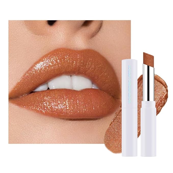 Light Brown Shimmer Metallic Moisturizing Glow Plumping Lipstick Makeup, Lipstick with Metallic 3D Shine Lightweight Hydrating Formula, Glitter Lip Gloss Stain Long Lasting Waterproof (05#Light Brown)