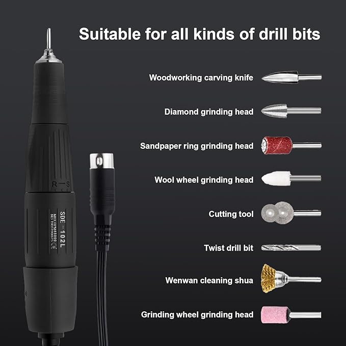 45000RPM Professional Nail Drill Handle, 102L Micro Motor for Nail, Lab, Jewelry, Ceramics, Silicone, Glasswork, Artware, Woodcarving