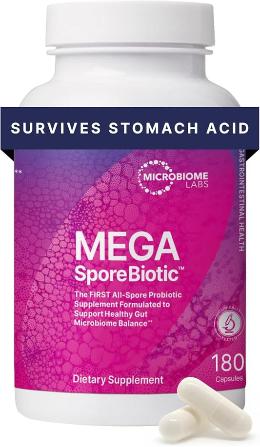 Microbiome Labs MegaSporeBiotic Probiotics for Women & Men - Spore-Based Probiotic for Gut Health & Digestive Support - Shelf-Stable, Travel-Friendly, Mens & Womens Probiotics (180 Capsules)