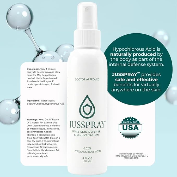 JusSpray™ Hypochlorous Acid (HOCl) Spray – Doctor Approved Skin Defense Mist 4 oz – Face & Body Toner for Sensitive, Acne & Eczema-Prone Skin, Redness Relief & Piercing Aftercare (3-Pack)