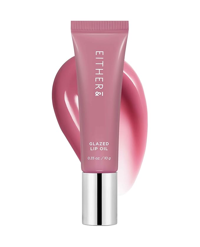 EITHER& Glazed Lip Oil – Non-Sticky Tinted Lip Balm with Peptides for Hydration & Glossy Finish, High-Gloss Moisturizing Lip Care for Dry Lips, 02 Bonny (10g)