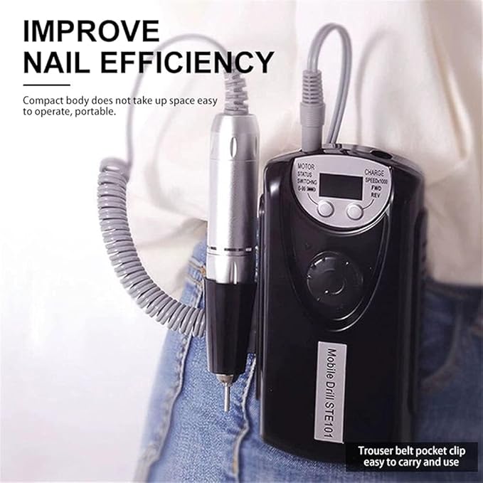 ANRLO Professional Electric Nail Drill, 45000 RPM Cordless Rechargeable E-File Machine, with 12 Bits, Sanding Bands, LCD Display for Acrylic Gel Nails (DMJ-101-Black-USB)