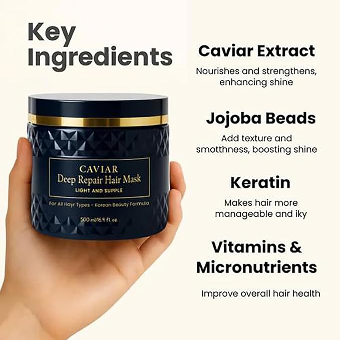 Korean Caviar Hair Mask - Deep Repair (16.9 Fl.Oz / 500ml) Moisture Treatment Hair Masque Hair Mask for Dry Damaged Hair and Growth, Damaged Hair Rescue, Healthy, Shiny Hair in Just 3 Minutes (2 jars)