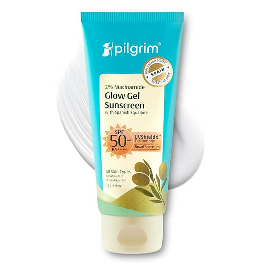 Pilgrim 2% Niacinamide Glow Sunscreen SPF 50 for All Skin Types | Lightweight Non Greasy Formula with Squalane | No White Cast Daily Sun Care for Men & Women | 1.76 Oz (50g)