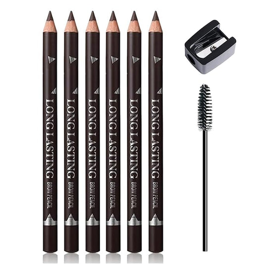 Ownest 6 Pcs Dark Brown Eyebrow Pencil Set, Wooden Eyebrow Pen for Women, Waterproof Long Lasting Brow and Eyeliner Pencil With Brush, Beginner Makeup Brow Pencil, Natural Eyes Brow Makeup Pen