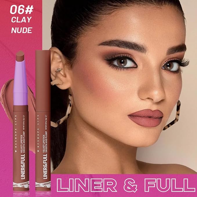 SUAKE 2-IN-1 Lipstick Lipliner, Velvet Matte Finish, Smooth & Plump, 12 Universal Lip Color-Nude Pink Rose Mauve Berry Plum, Creamy Formula for Lip Makeup, All-Day Wear, Cruelty-Free (#06 CLAY NUDE)