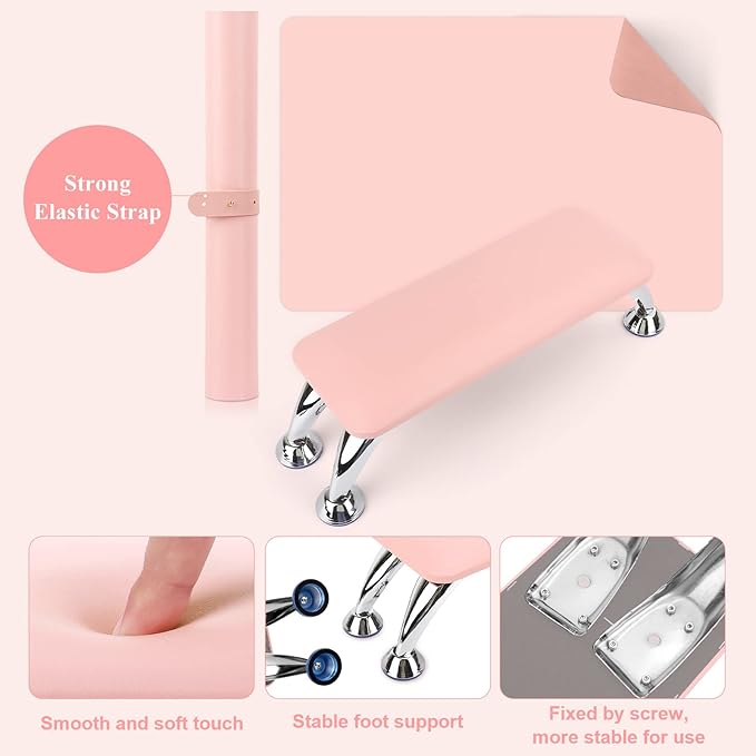 Nail Arm Rest for Acrylic Nails with Nail Table Mat, Microfiber Leather Nail Hand Rest Cushion for Nails, Soft Hand Pillow Footstool with Foldable Nail Art Hand Rest Pad for Nail Tech Use (Pink)