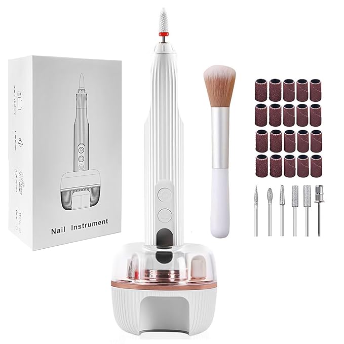 Professional Electric Nail Drill with UV Light, Cordless 18000RPM Rechargeable File for Acrylic Gel Dip Nails, Manicure Pedicure Polishing, Shaping & Gel Removal for Home Salon and Travel (White)
