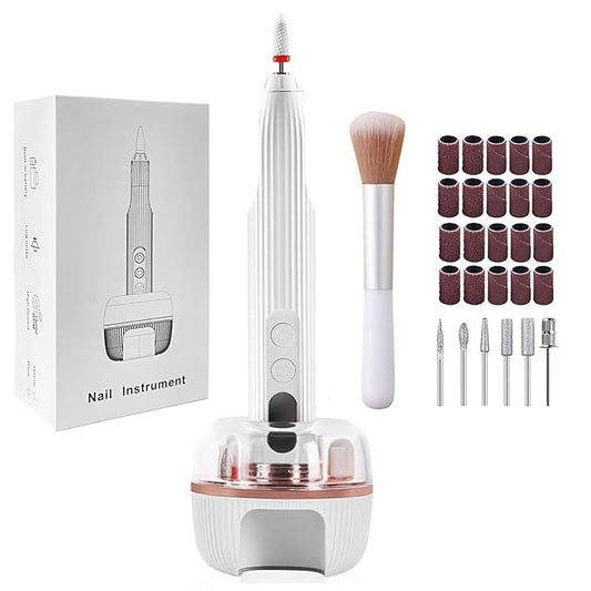 Professional Electric Nail Drill with UV Light, Cordless 18000RPM Rechargeable File for Acrylic Gel Dip Nails, Manicure Pedicure Polishing, Shaping & Gel Removal for Home Salon and Travel (White)