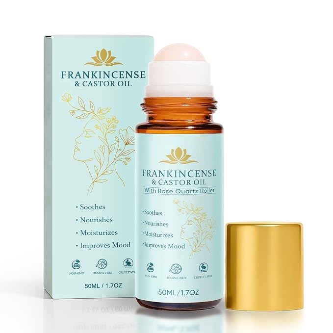 Peehss Frankincense and Castor Oil Roll On, Rose Quartz Roller, 100% Pure, Organic, Cold-Pressed for Face & Neck, Soothing Moisturizing Oil Helps Firms Skin Feel Soft Smooth & Nourished, 1.7 fl oz (1)