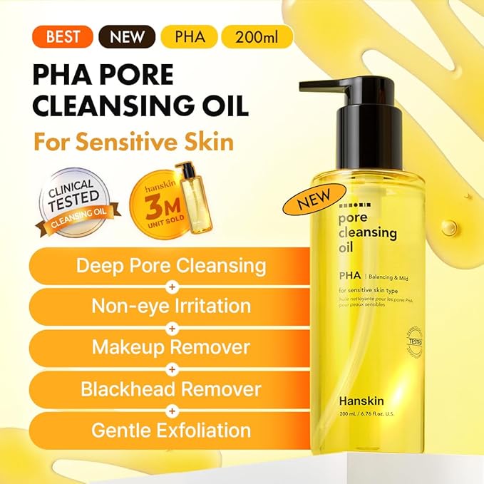 Hanskin Pore Cleansing Oil, Oil Cleanser for Face, Makeup Blackhead Remover, Korean Cleanser for Sensitive Skin (6.76 oz (Pack of 1))