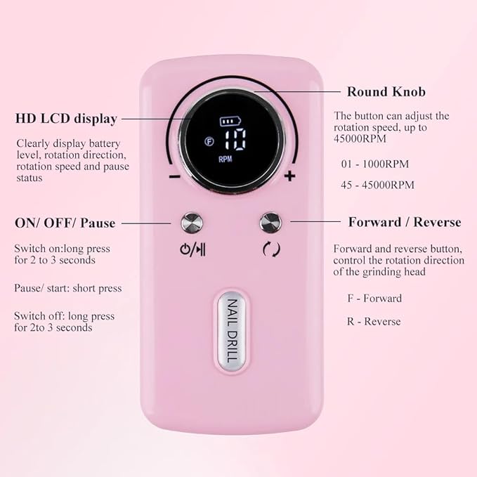 ANRLO Professional Electric Nail Drill, 45000 RPM Cordless Rechargeable E-File Machine, with 12 Bits, Sanding Bands, LCD Display for Acrylic Gel Nails (DMJ-V1-Pink)