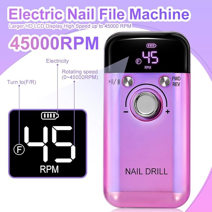 ANRLO Professional Electric Nail Drill, 45000 RPM Cordless Rechargeable E-File Machine, with 12 Bits, Sanding Bands, LCD Display for Acrylic Gel Nails (DMJ-V6-Purple)