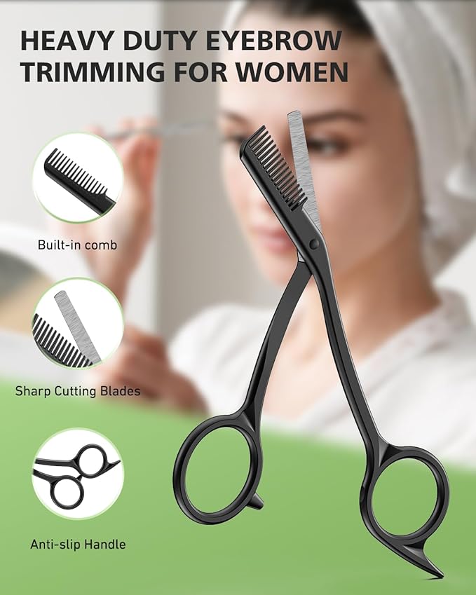 BALUCA Eyebrow Scissors with Comb | Professional Stainless Steel Eyebrow Trimmer for Women & Men | Dual-Design Precision Eye Brow Trimmer Scissors for Effortless Grooming, Silver (Black)
