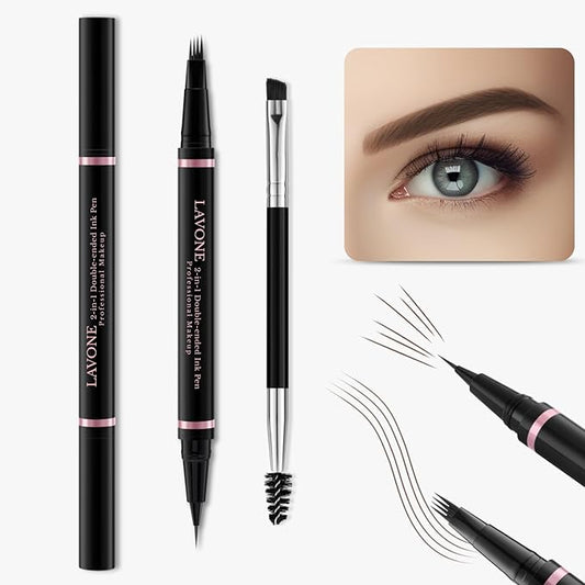 Eyebrow Pencil, 2-in-1 Waterproof Eyebrow Pen with 4 Tip Brow Pen and Ultra-Precise Brow Pencil, with Dual-ended Eyebrow Brush, Eyebrow Makeup for Natural Looking Eyebrows - Dark Brunette