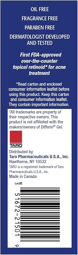 TARO Adapalene 0.1% USP Gel, Paraben Free, Retinoid Acne-Prone Facial Treatment for Sensitive Skin, Prescription Strenght (0.5)