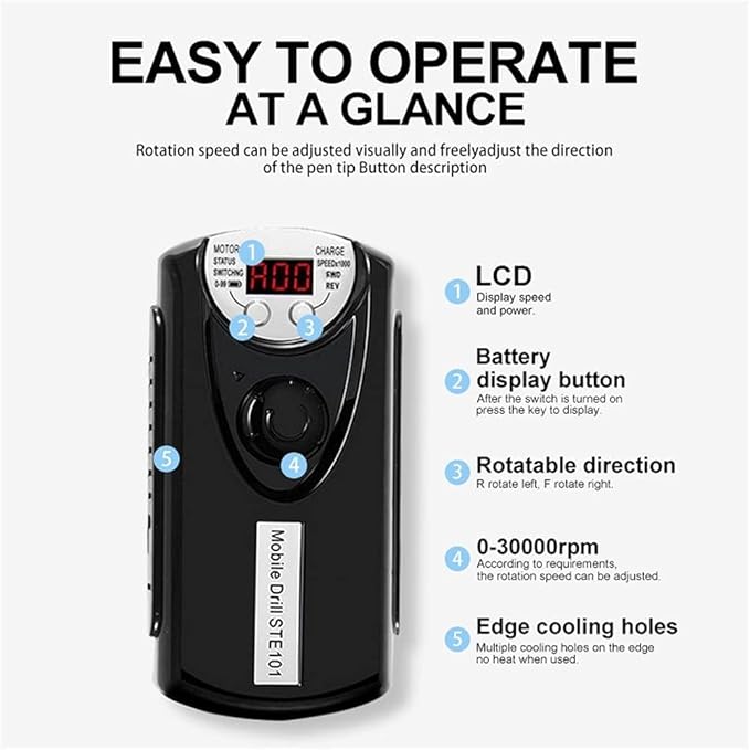 ANRLO Professional Electric Nail Drill, 45000 RPM Cordless Rechargeable E-File Machine, with 12 Bits, Sanding Bands, LCD Display for Acrylic Gel Nails (DMJ-101-Black-USB)