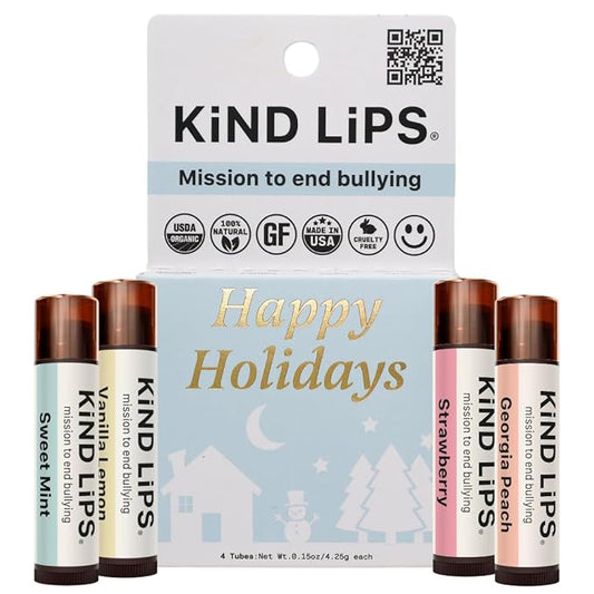 Kind Lips Organic Holiday Variety Lip Balm 4-Pack – Natural Stocking Stuffer Gift Set for Women, Men & Teachers • 100% Natural, Clean, Gluten-Free, Grain-Free • Made in USA chapstick Set