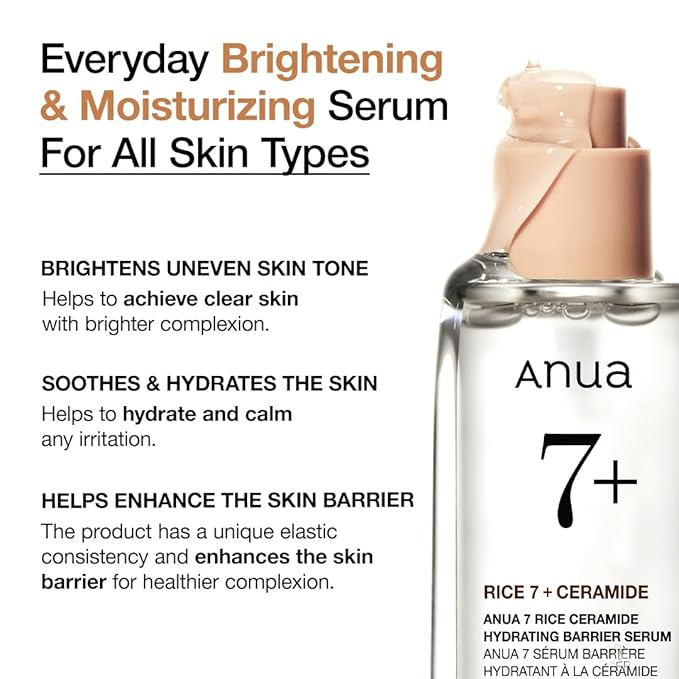 ANUA Rice Ceramide 7 Hydrating Barrier Serum, Moisturizing Serum for Face, Rice, Hyaluronic Acid, Niacinamide, Fragrance Free, Non-comodogenic, Glass Skin, Korean Skin Care, 50ml/1.69fl.oz.