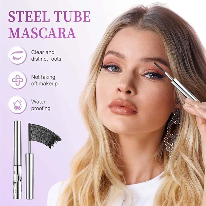 Iron Wand Mascara,Waterproof Metal Wand Mascara Tubing, 3D Curling Metal Wands Mascaras Black Washable, Long-lasting 3D Curling Eyelash, Smudge Proof & No Flaking (Black-1 * 2)