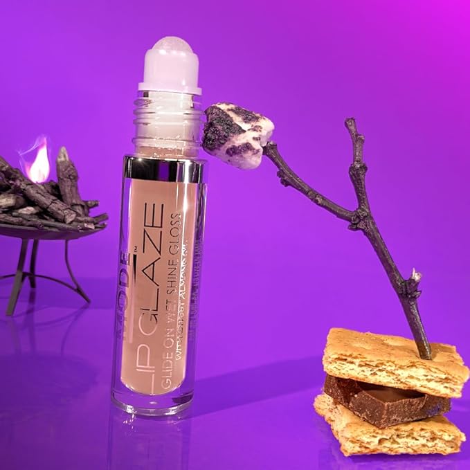 Mode Cosmetics Lip Glaze - BONFIRE S'MORES Flavored Gloss Roll On Wet Shine, Hydrating Moisturizing Sweet Almond, Areni Noir & Wild Rose Natural Skincare Fruit Oils Vegan, No Cruelty, NY Made, 4ml