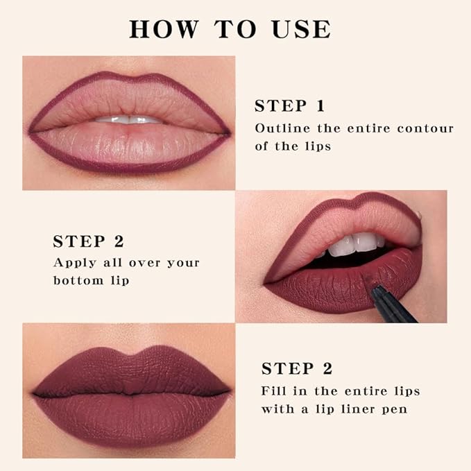 3Pcs Longwear Liquid Lip Liner Stain Marker Pen Set Long Lasting Waterproof, Dark Black Cherry Wine Red Matte 24 Hour Lip Liner and Lipstick Combo, Color Stay Lipliner All Day, Lip Stains peel off