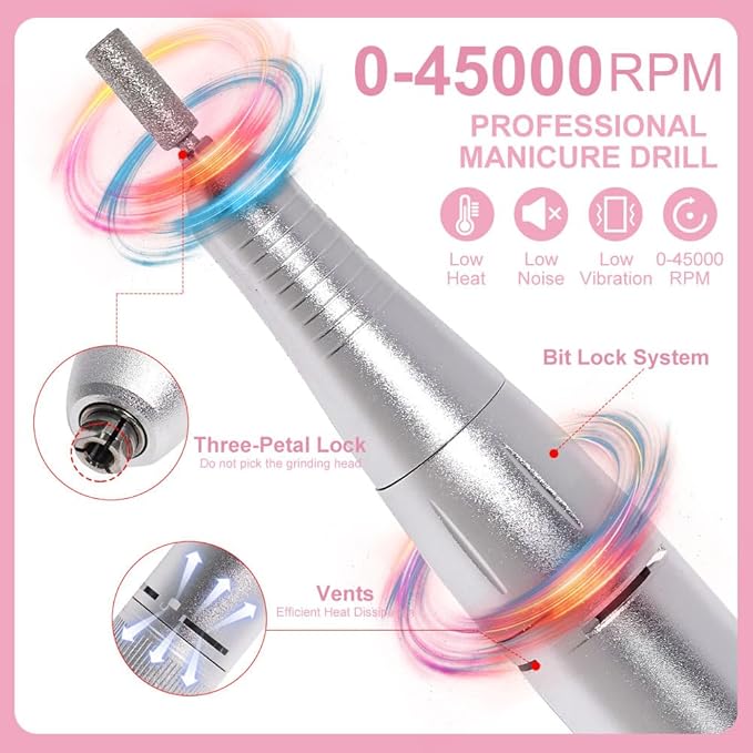 ANRLO Professional Electric Nail Drill, 45000 RPM Cordless Rechargeable E-File Machine, with 12 Bits, Sanding Bands, LCD Display for Acrylic Gel Nails (DMJ-V2-USB-PINK)