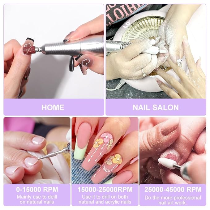 ANRLO Professional Electric Nail Drill, 45000 RPM Cordless Rechargeable E-File Machine, with 12 Bits, Sanding Bands, LCD Display for Acrylic Gel Nails (DMJ-V6-WHITE-USB)