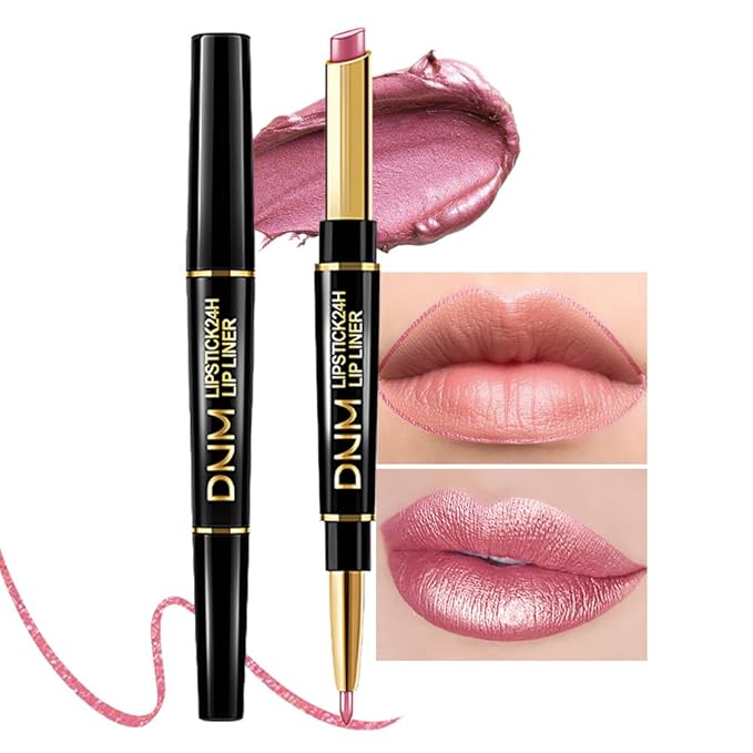 Kaely 2-in-1 Light Pink Pale-Pink Metallic Shine Shimmer Lip Liner & Lipstick Combo Set Kit for Women, Lightweight Hydrating Formula High Impact Full Coverage Lipstick and Lip Liner Makeup Gloss 16