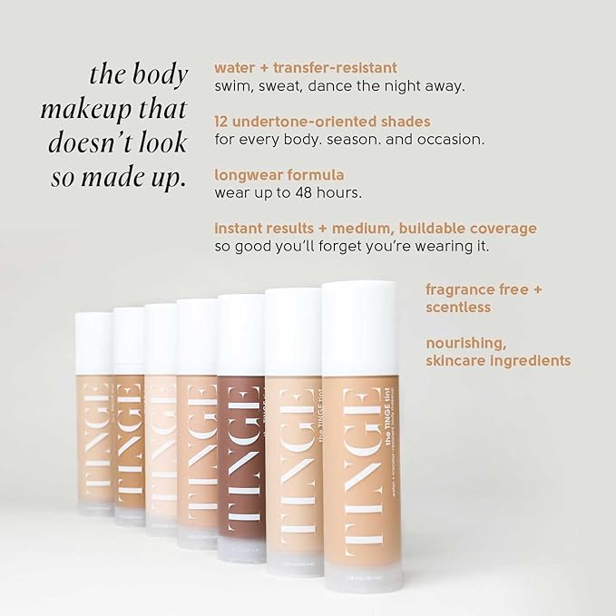 Tinge Tint Body Makeup, Water and Transfer Resistant Up to 48 Hours, Buildable Medium Coverage Body Foundation or Bronzer with Amino Acids, Tattoo Cover Up Makeup, 3.38 FL Oz - Tan Warm