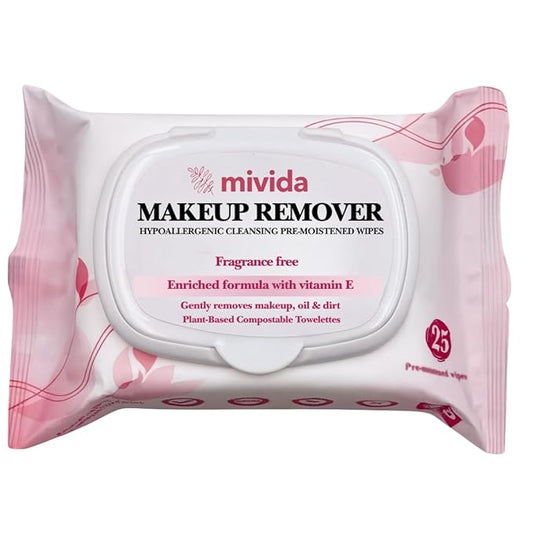 mivida Hypoallergenic Makeup Remover Wipes With Vitamin E, Alcohol Free & Fragrance Free Makeup Wipes For Sensitive Skin, Plant Based Make up Remover, Travel Friendly 25 Count