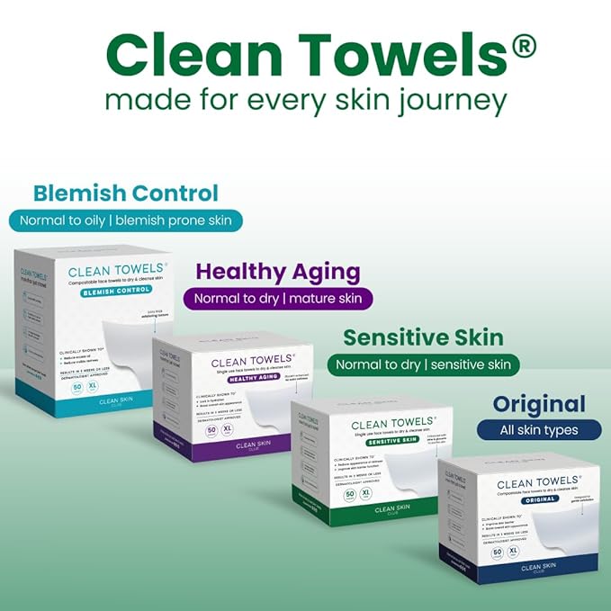 Clean Skin Club Clean Towels® XL Sensitive Skin | Ultra-Soft Disposable Face Towel Infused with Aloe & Glycerin | Dermatologist-Approved, Single-Use Towelette for Sensitive & Reactive Skin, 50 count