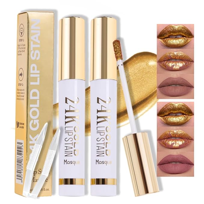 2Pcs 24K Gold Peel Off Matte Liquid Lip Gloss Stain-Lip Liner with Tweezer, Peel Off Lip Stain, Long Lasting & Waterproof Lipstick Tattoo, Transfer-Proof Lip Gloss for All Skin Types, 02+04